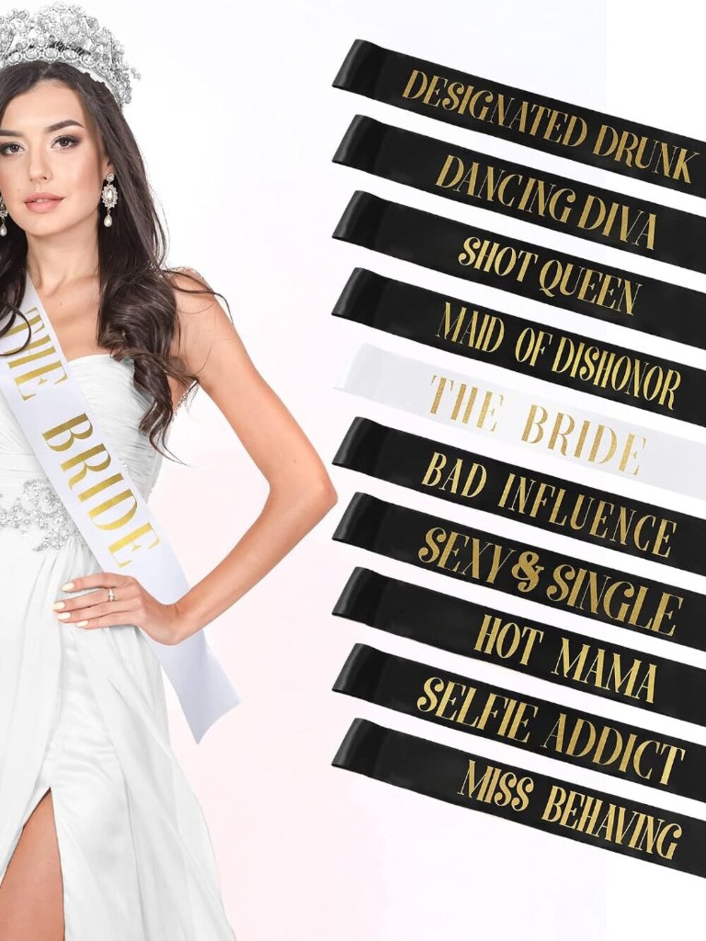 10 Pack Bride Bridesmaid Sash Bachelorette Sash,Black, White